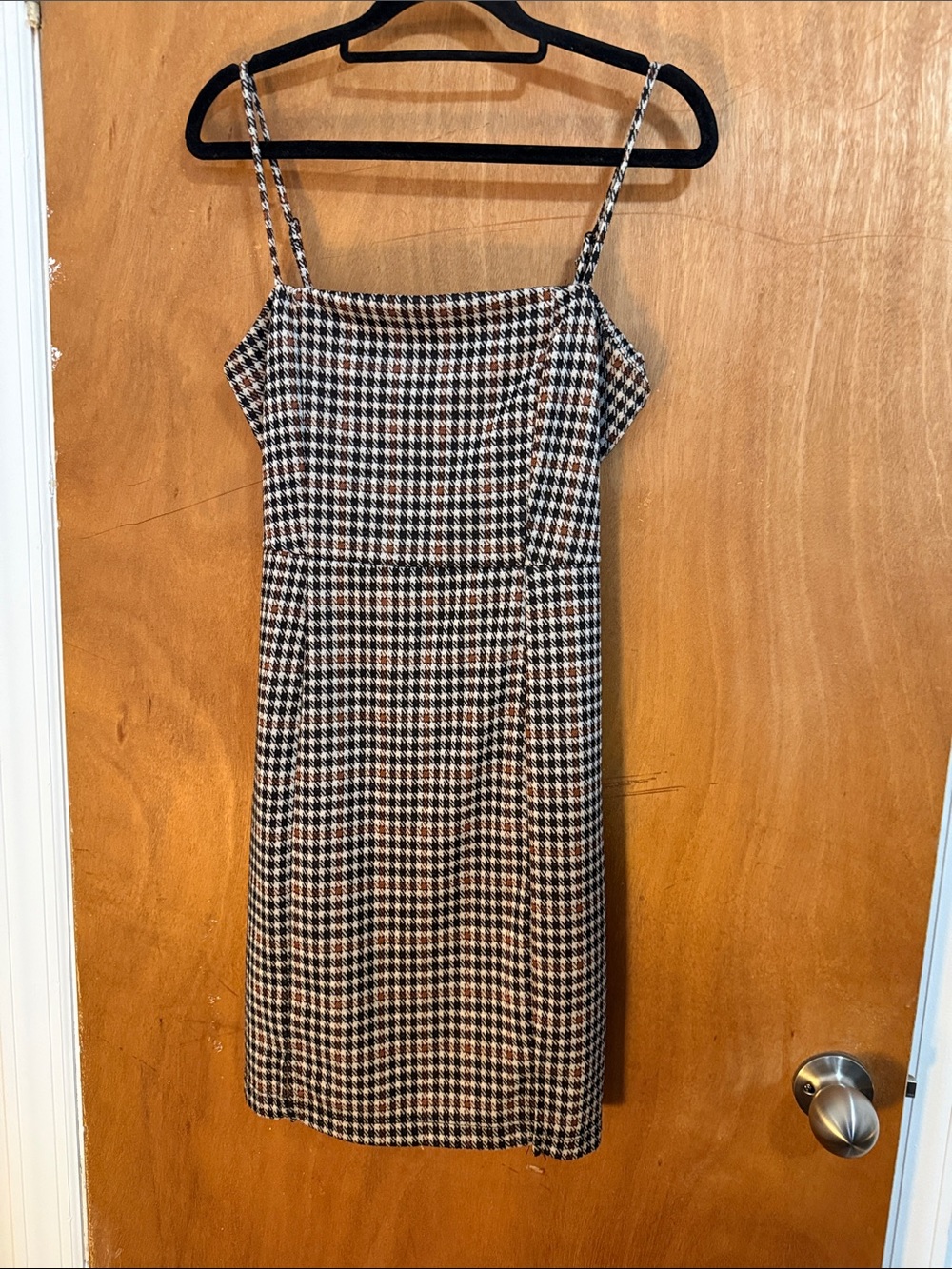 Houndstooth Slip Dress with Spaghetti Straps - Black, White & Brown